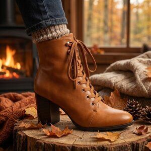 NWT Bamboo Whisky Tan Lace Up Block Heel Ankle Booties 3.75"